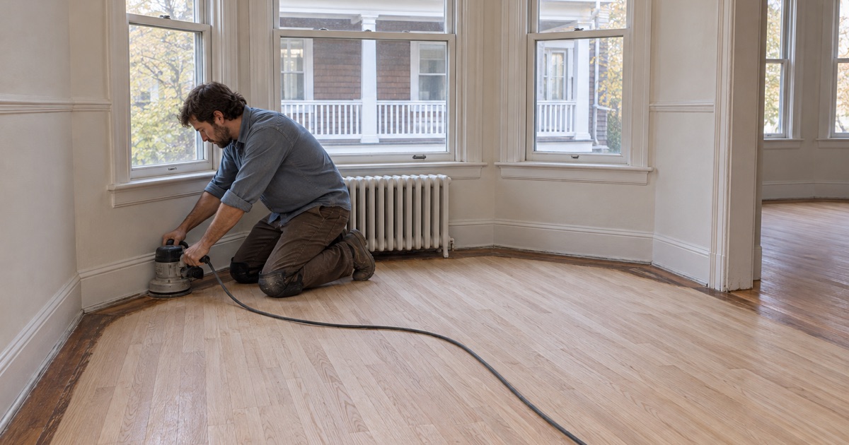 Worker edging along the bay window of the original oak floor in the upstairs flat of a Medford two-family house during a refinish.