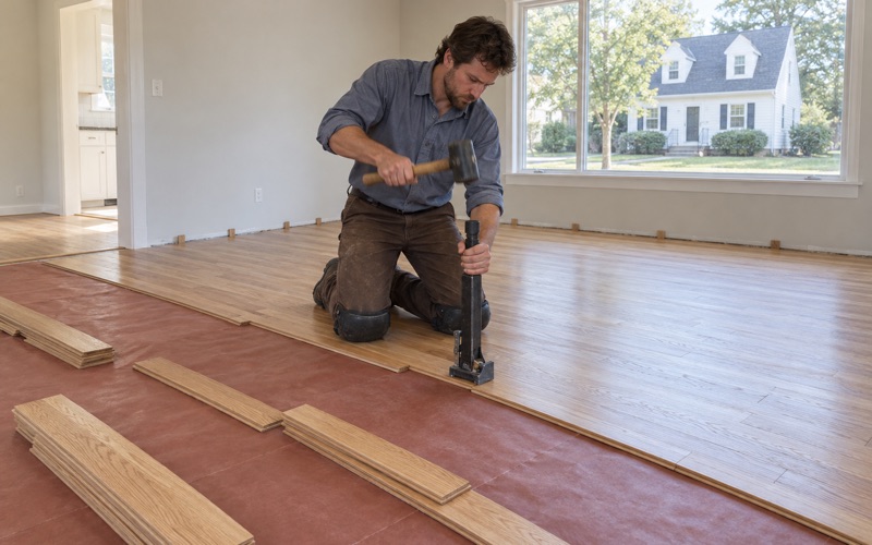 Worker nailing new red oak strip flooring with a manual flooring nailer in the living room of a postwar Cape in Medford.