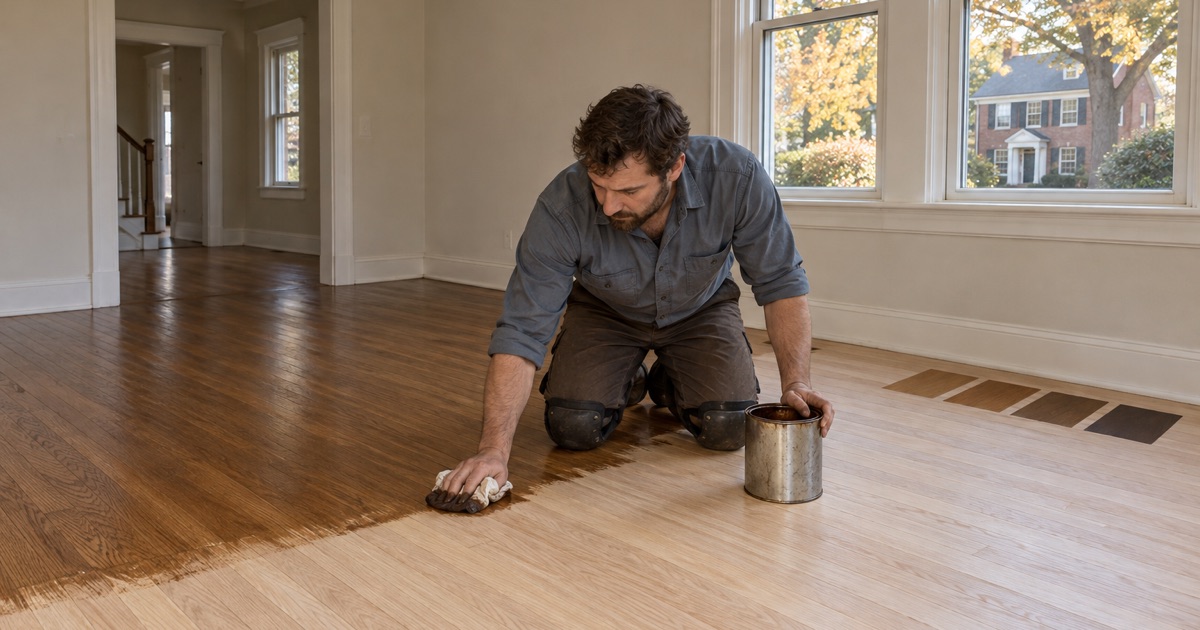 Worker wiping stain along the grain of a sanded oak floor beside stain test squares in a Medford Colonial Revival house.