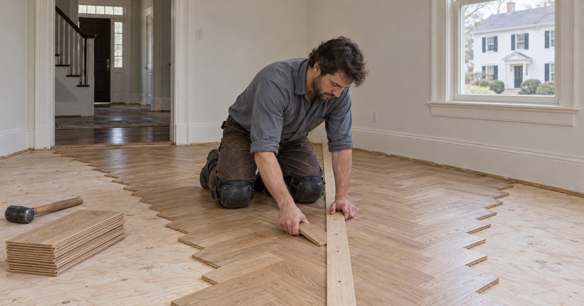 Worker setting new white oak herringbone slats along a centerline in the dining room of an older Colonial Revival house in Medford.