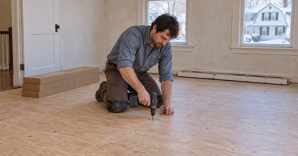Worker screwing down a new plywood subfloor before new oak flooring goes in, in a bedroom of an older Medford Colonial.