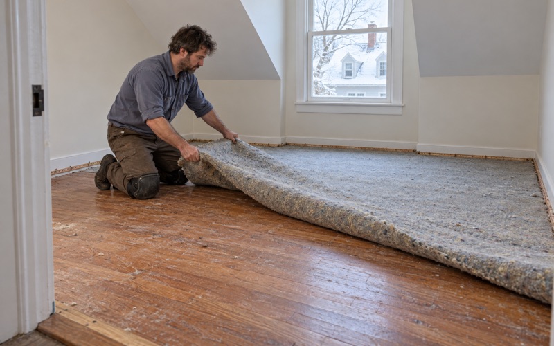 Worker peeling old carpet pad back to uncover oak floors in a bedroom of a postwar house in Medford.
