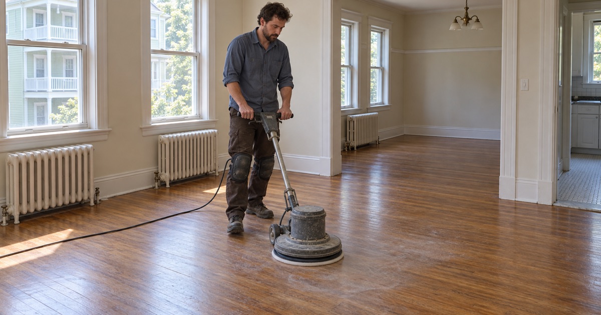 Worker screening a sound red oak floor with a floor buffer before a fresh recoat in a Medford three-decker condominium.