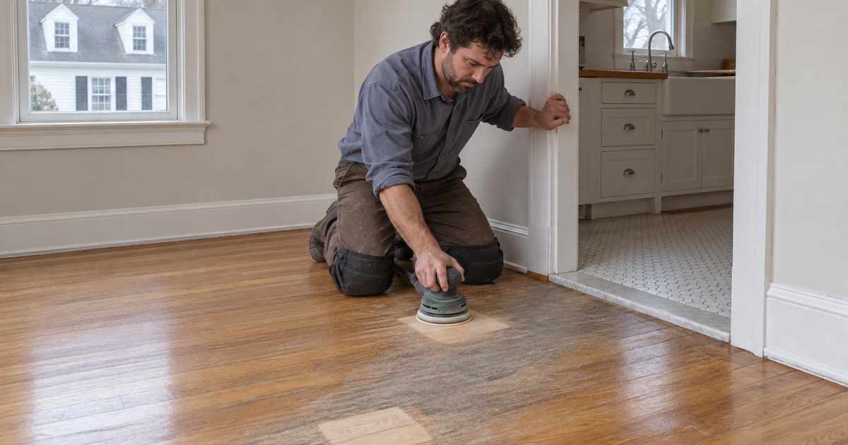 Worker test-sanding a gray worn traffic path in an oak floor at a kitchen doorway in a Medford house to see whether it will refinish.