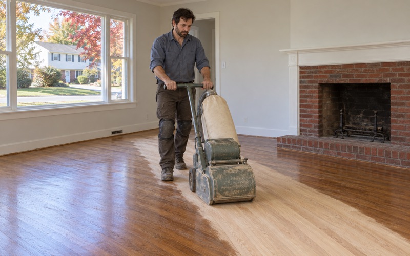 Worker sanding a red oak floor with a drum sander in the living room of a Garrison Colonial in Medford.