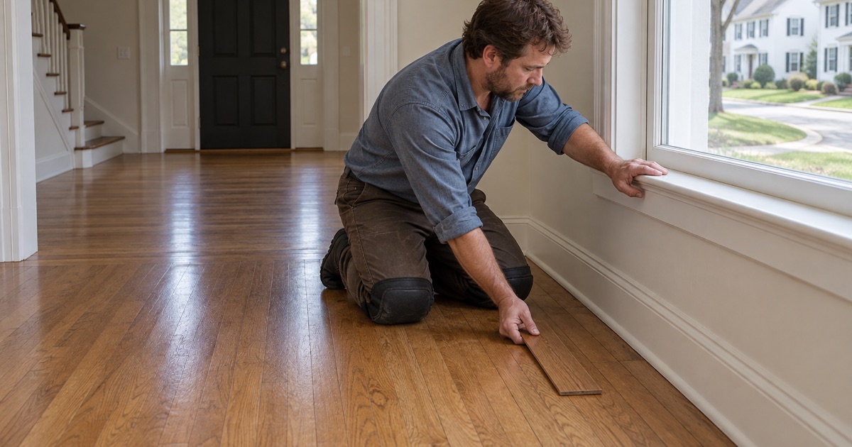 Worker matching a stained sample strip against the existing oak floor of a late-1930s Colonial Revival house in Arlington.