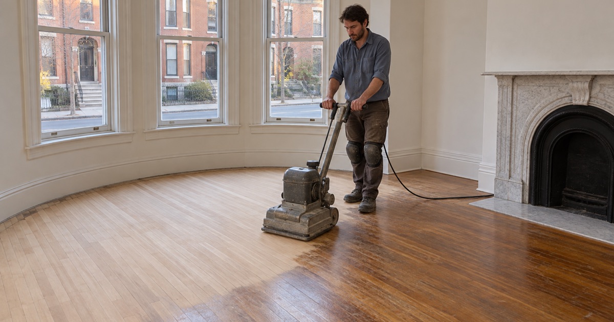 Worker sanding an oak floor with a square-pad floor sander in a Boston rowhouse unit during a weekday afternoon.
