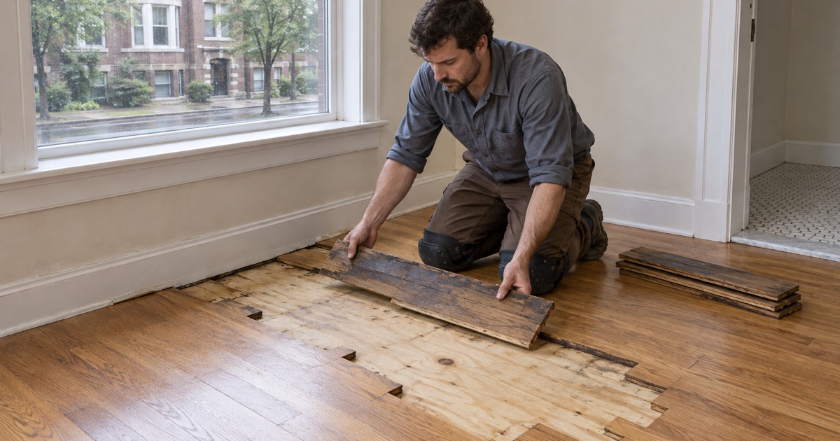 Worker lifting out a cut section of water-damaged oak boards in the ground-floor unit of a Brookline brick apartment building.