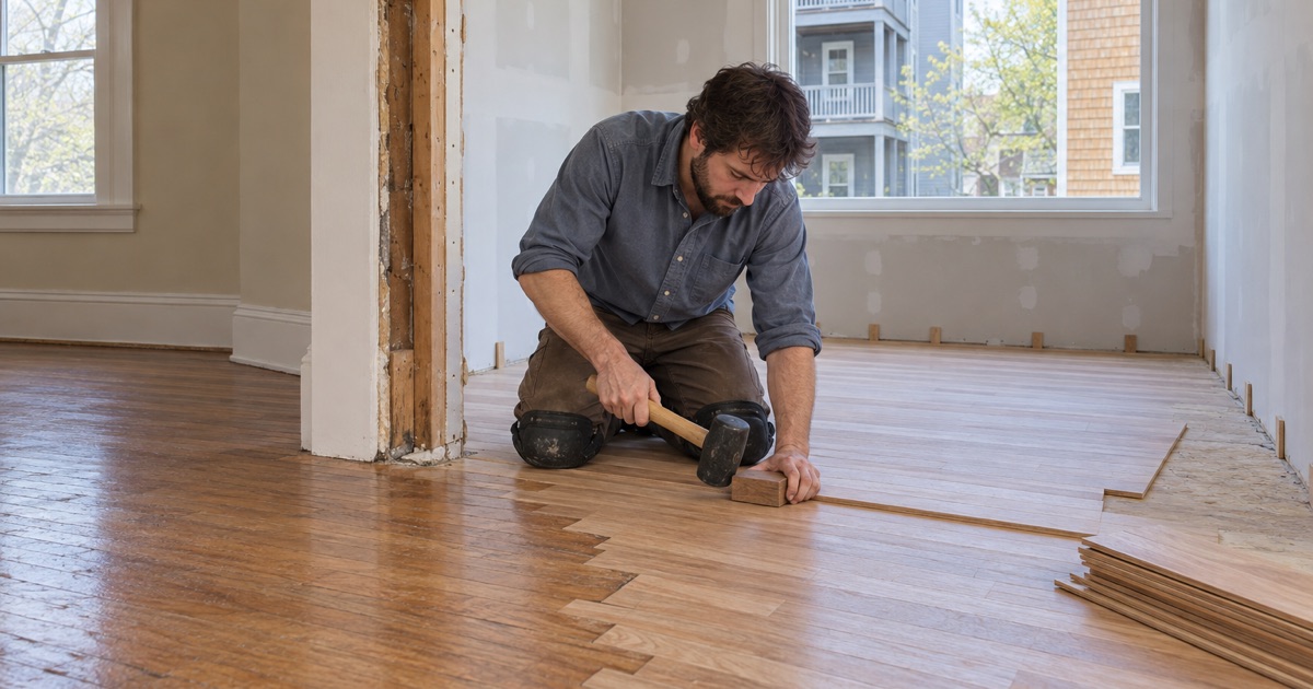 Worker tapping new oak strips into line where an addition’s floor meets the original floor of a Cambridge two-family house.