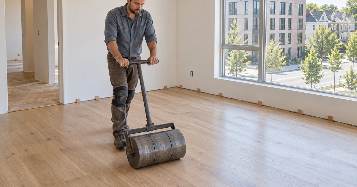 Worker rolling newly glued engineered oak planks with a weighted floor roller in a condominium in a new Everett apartment building.
