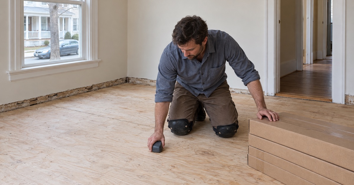 Worker checking the subfloor with a moisture meter before new oak flooring goes into the ground-floor flat of a Malden two-family.