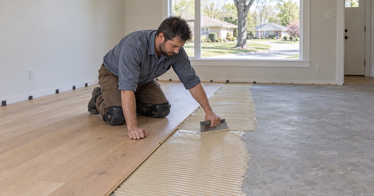 Worker spreading adhesive on the concrete slab of a one-story 1940s house in Newton’s Oak Hill Park before new engineered oak flooring goes down.