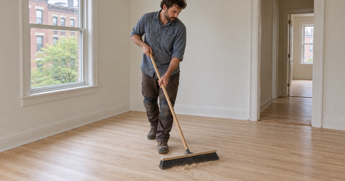 Freshly sanded hardwood floor being swept clean in a North End apartment.