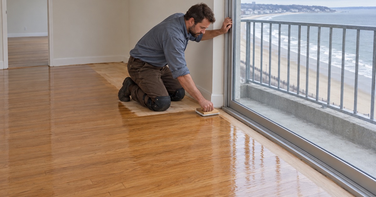 Worker cutting in finish along the wall of a refinished oak floor in a Revere Beach condominium tower unit.