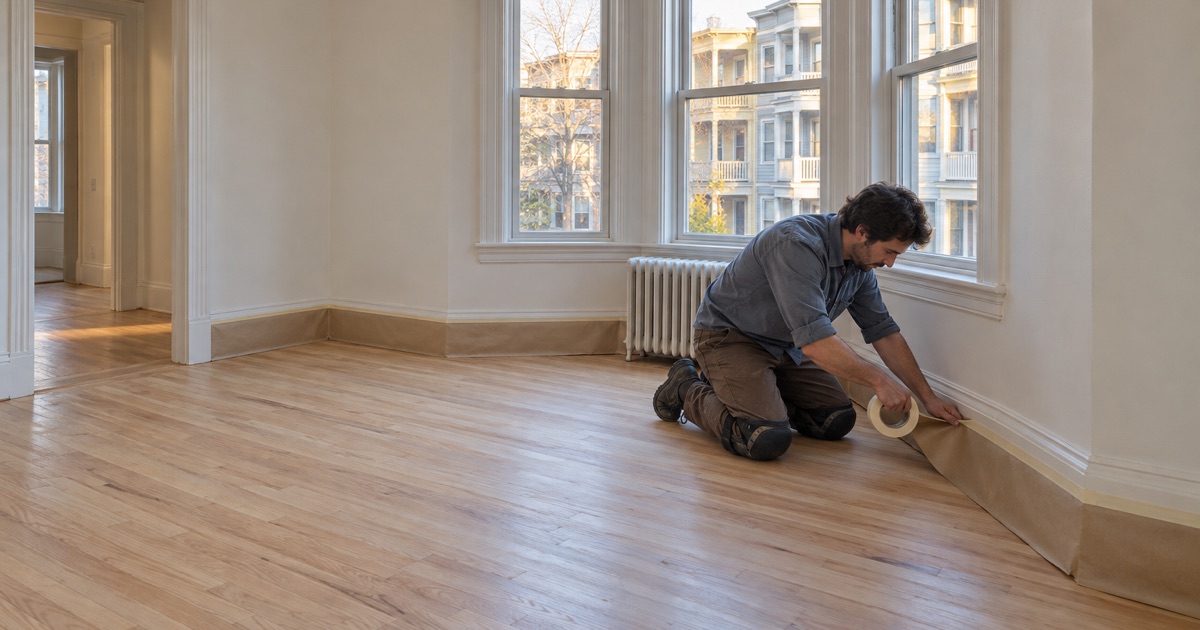 Worker masking the baseboard before refinishing the oak floor of a vacant unit in a Somerville three-decker during a conversion.