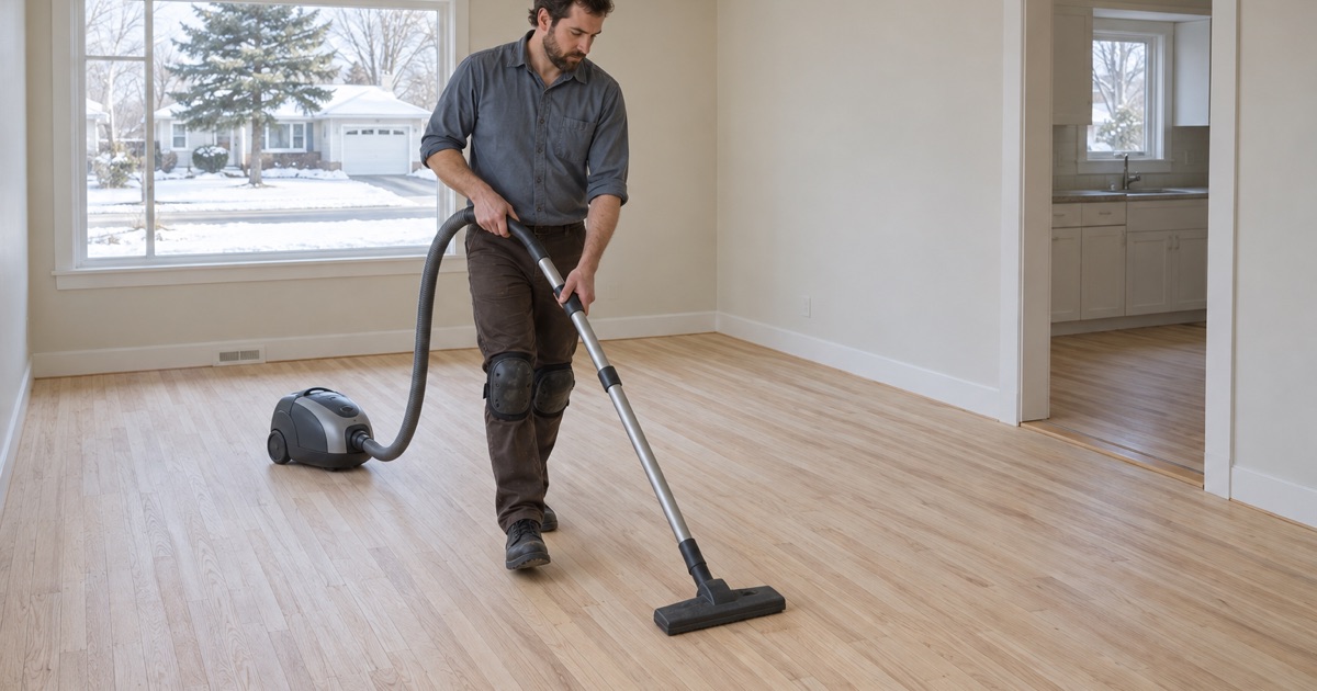 Worker clearing sanding dust from an oak floor in a Wakefield house.