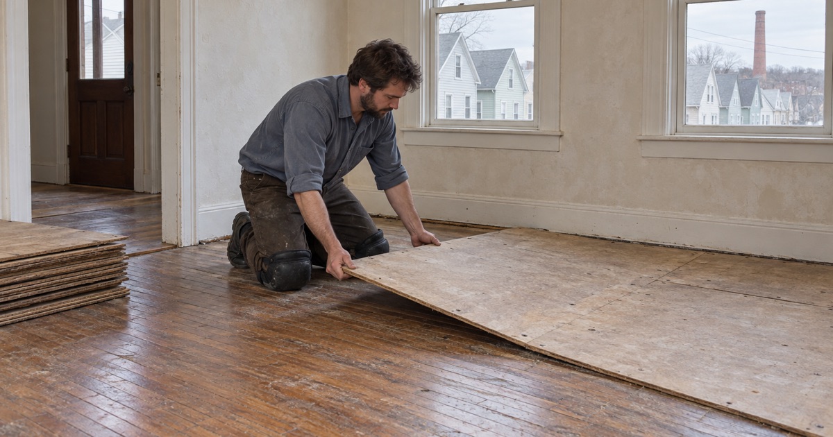 Worker lifting a later layer of plywood to uncover the older oak floor underneath in an old house in Waltham.